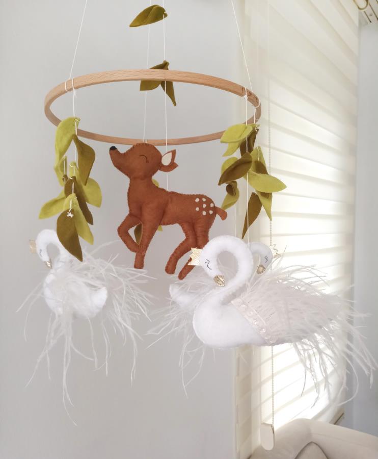 handmade-handcrafted-swan-baby-mobile-felt-swan-nursery-decor-fawn-swan-mobile-baby-girl-nursery-deer-baby-mobile-forest-crib-mobile-greenery-mobile-woodland-nursery-baby-shower-gift-princess-swan-mobile-gift-for-newborn-0